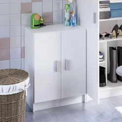 Armoire basse en bois de 2 portes, blanc - Dim : H80 x L59 x P37 cm