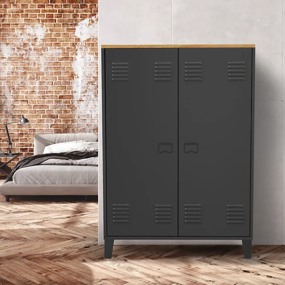 Armoire basse ESTER 2 portes métal noir et plateau bois design industriel