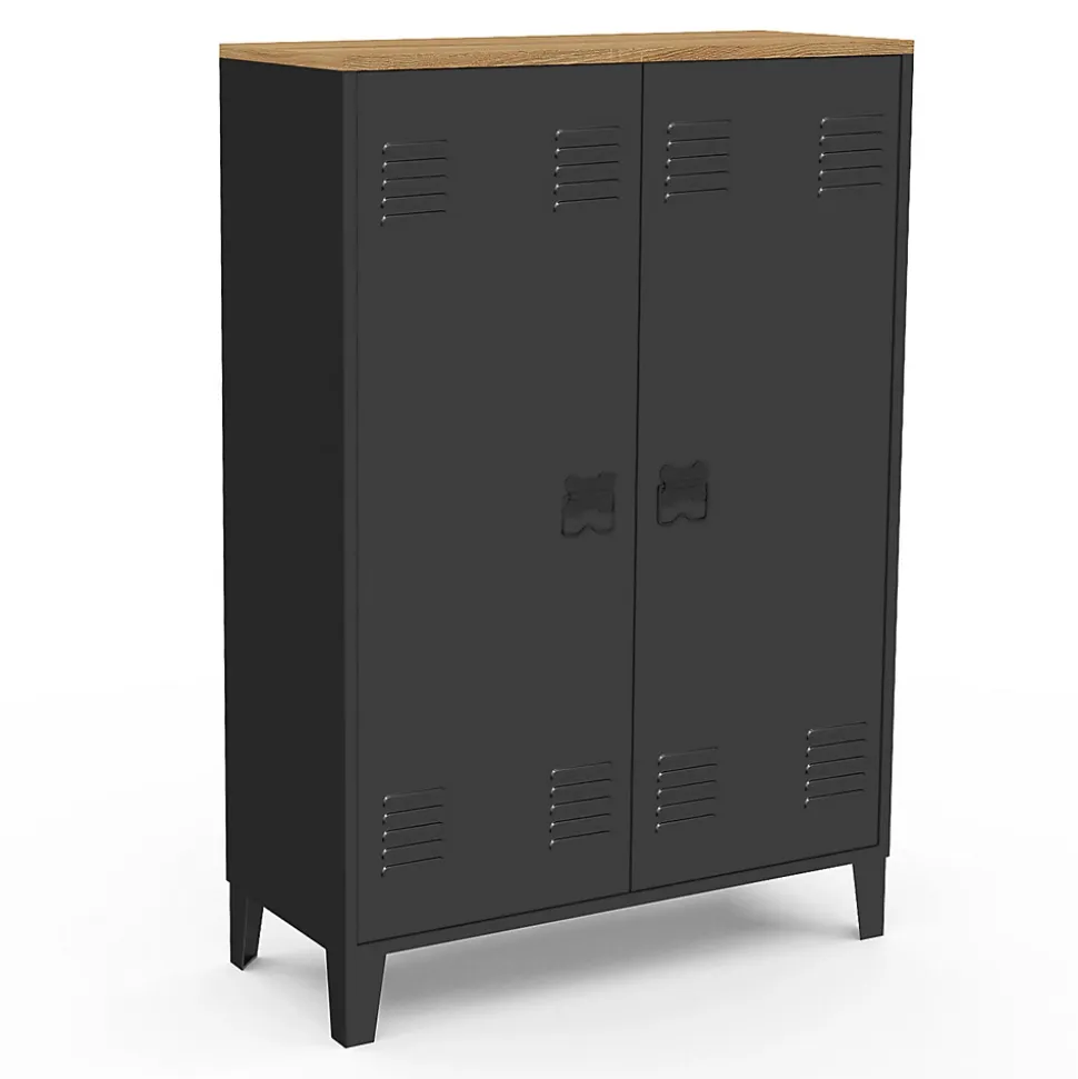 Armoire basse ESTER 2 portes métal noir et plateau bois design industriel