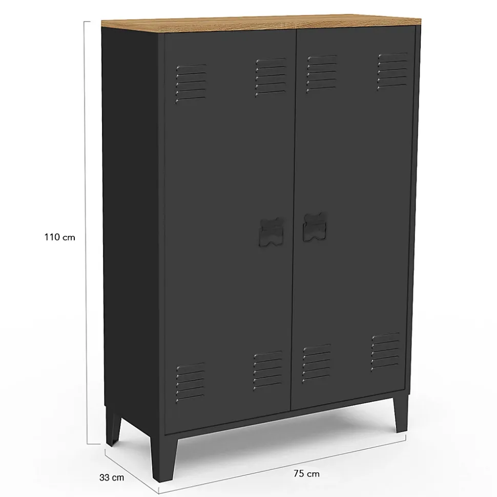 Armoire basse ESTER 2 portes métal noir et plateau bois design industriel