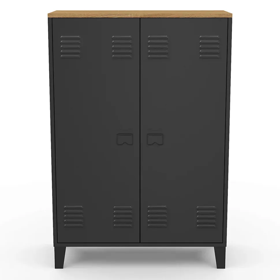 Armoire basse ESTER 2 portes métal noir et plateau bois design industriel