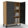 Armoire basse ESTER 2 portes métal noir et contour bois design industriel