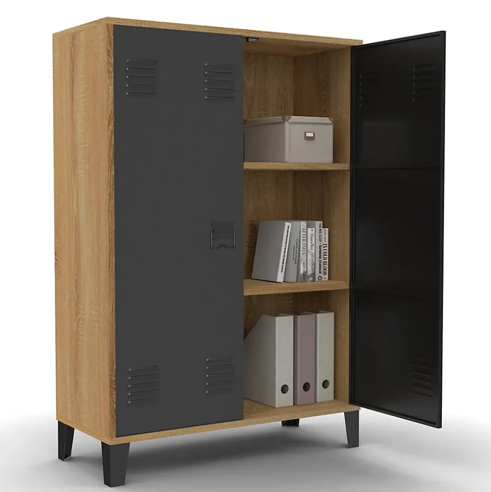 Armoire basse ESTER 2 portes métal noir et contour bois design industriel