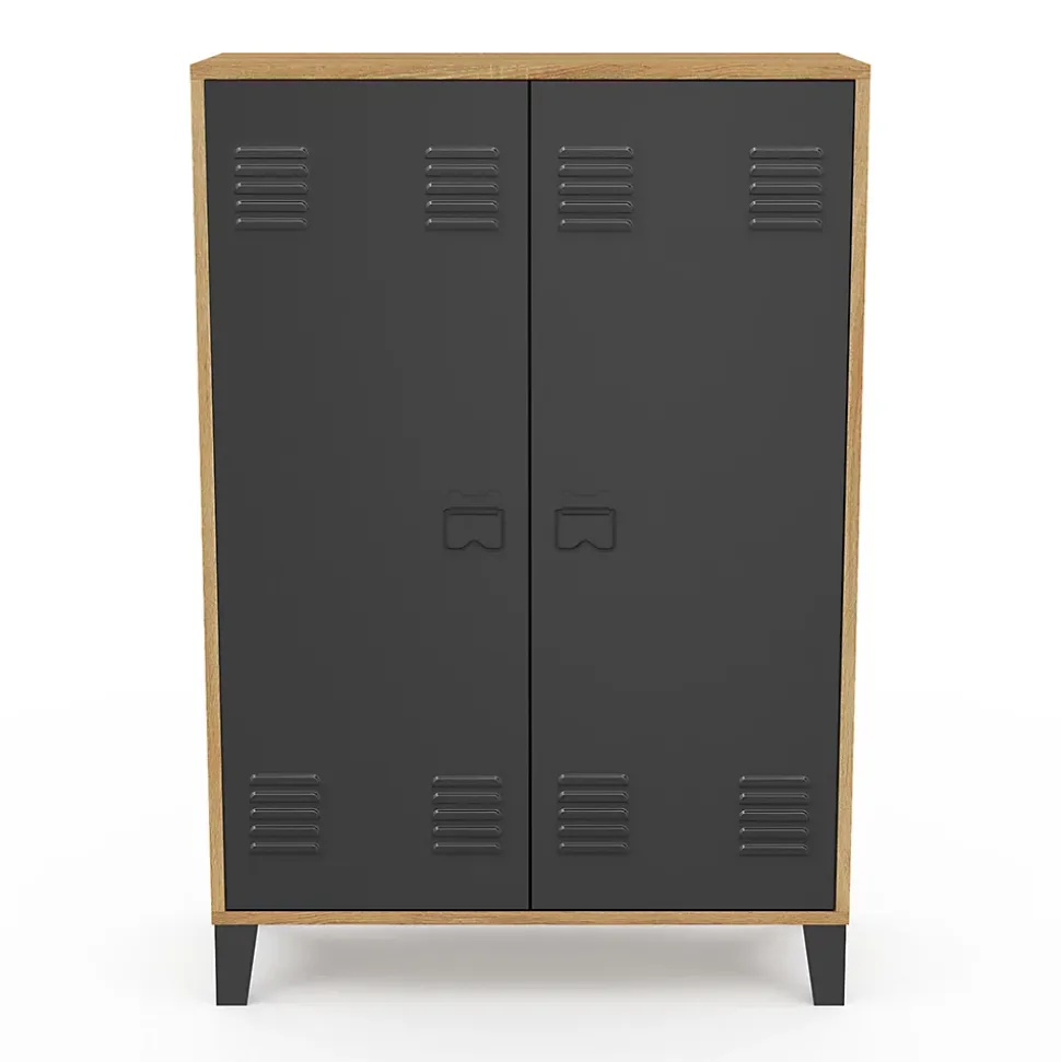 Armoire basse ESTER 2 portes métal noir et contour bois design industriel