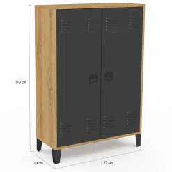 Armoire basse ESTER 2 portes métal noir et contour bois design industriel