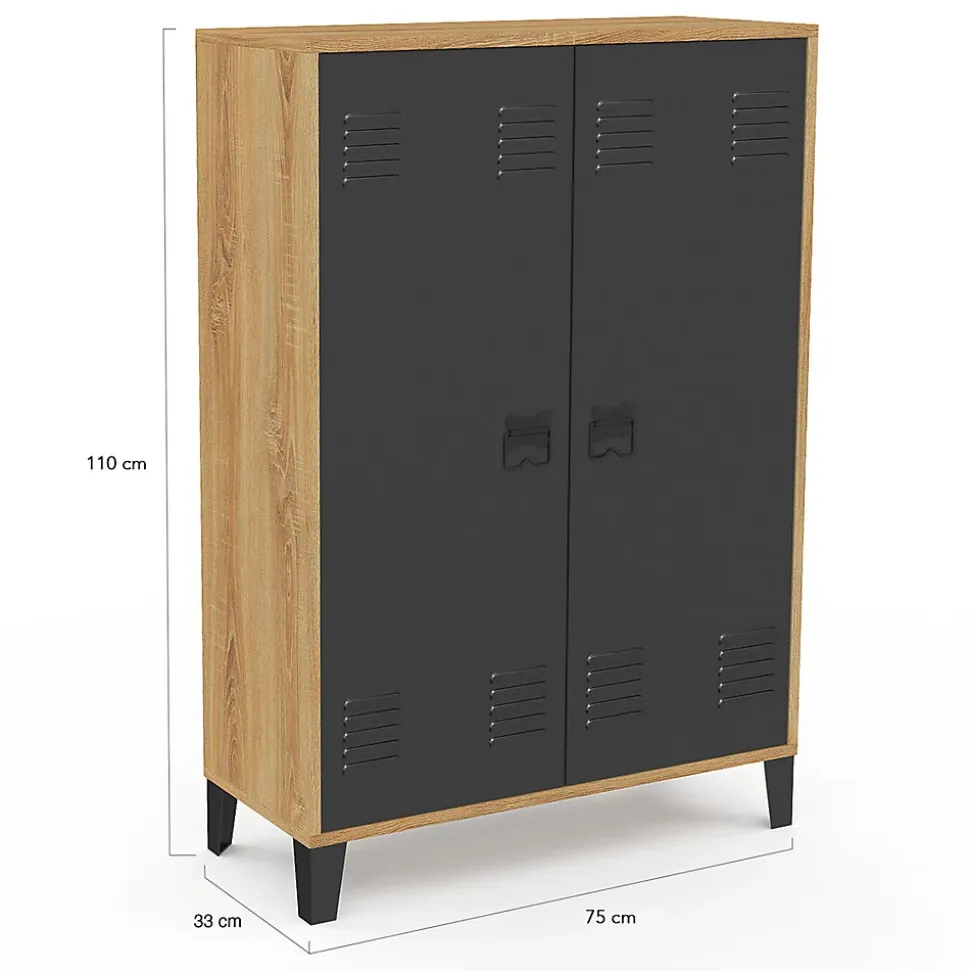 Armoire basse ESTER 2 portes métal noir et contour bois design industriel