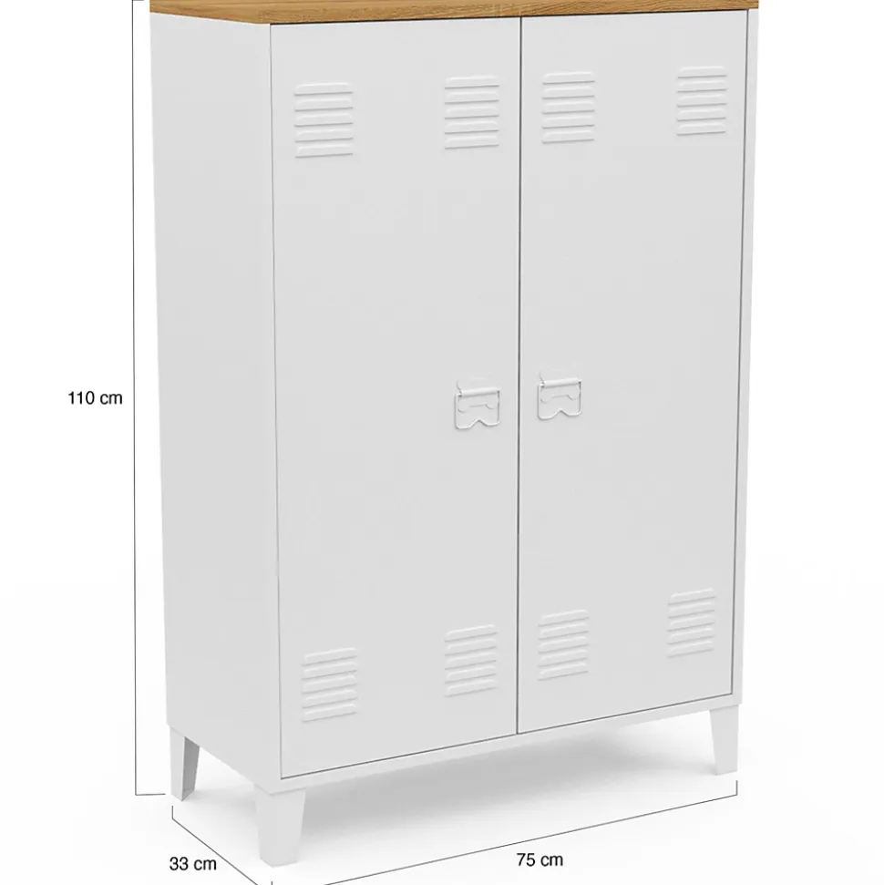 Armoire basse ESTER 2 portes métal blanc et plateau bois design industriel