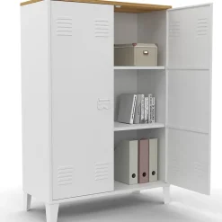 Armoire basse ESTER 2 portes métal blanc et plateau bois design industriel