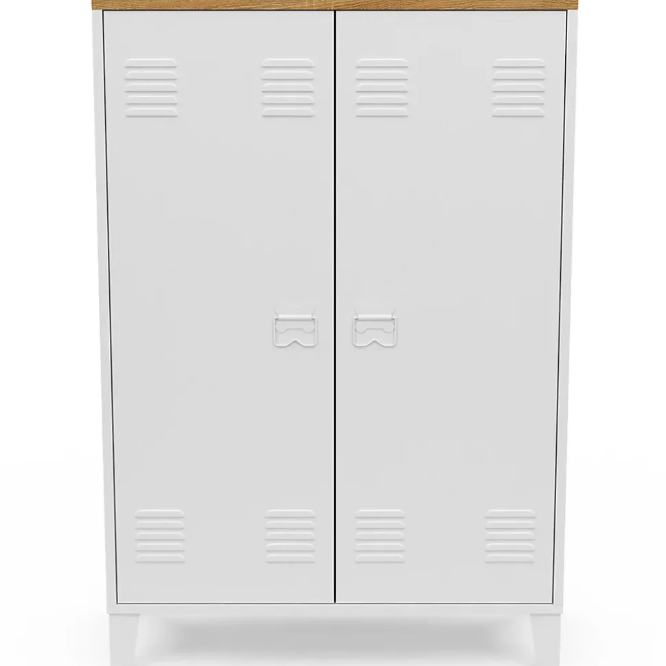 Armoire basse ESTER 2 portes métal blanc et plateau bois design industriel