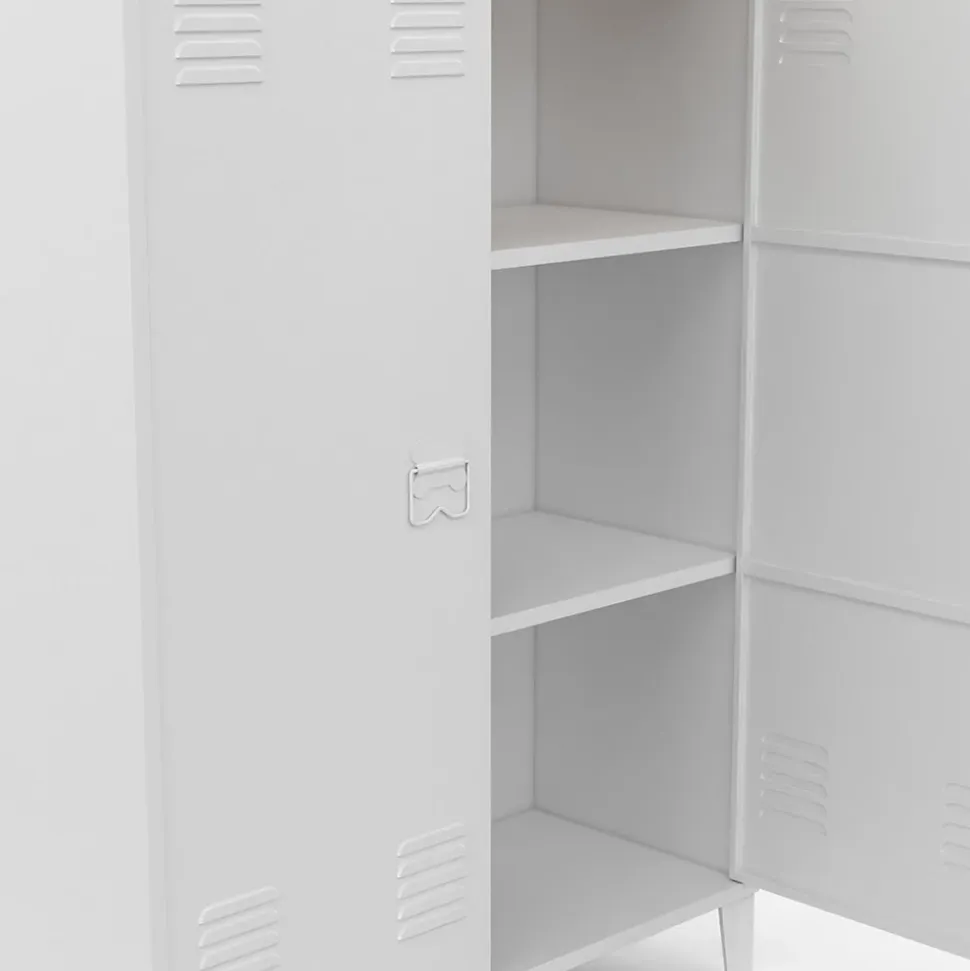 Armoire basse ESTER 2 portes métal blanc et plateau bois design industriel
