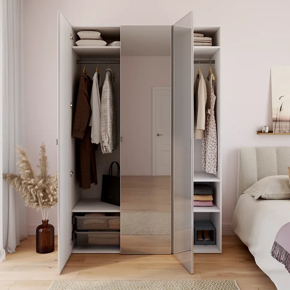 Armoire blanche avec miroir double penderie et 2 paniers GoodHome Atomia H. 225 x L. 150 x P. 58 cm