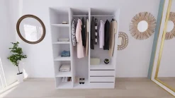 Armoire blanche double penderie et 3 tiroirs GoodHome Atomia H. 225 x L. 175 x P. 58 cm