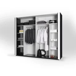 Armoire blanche et noire LINA 220 x 225 x 68 cm avec 2 grandes penderies et 2 grands miroirs