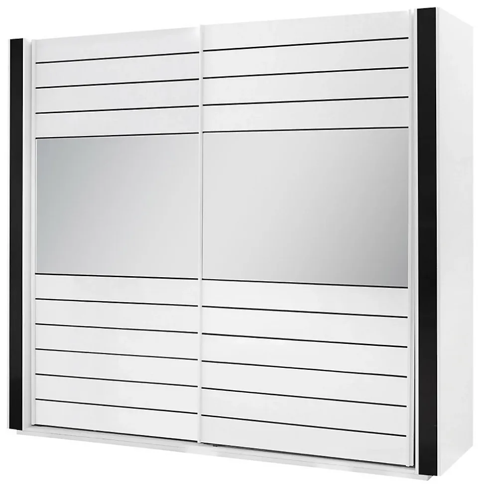 Armoire blanche et noire LINA 220 x 225 x 68 cm avec 2 grandes penderies et 2 grands miroirs