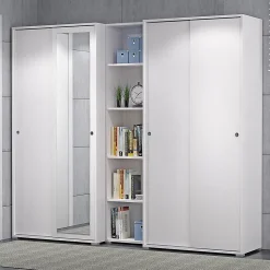 Armoire Blanche Multi-Usages À Double Porte Coulissante Avec 4 Étagères Réglables