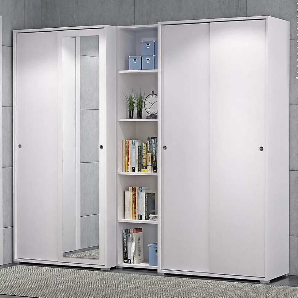 Armoire Blanche Multi-Usages À Double Porte Coulissante Avec 4 Étagères Réglables