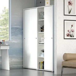 Armoire Blanche Multi-Usages À Double Porte Coulissante Avec 4 Étagères Réglables