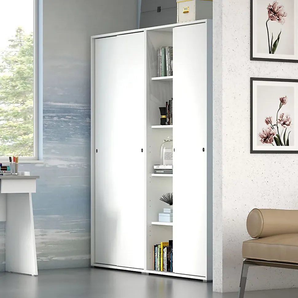 Armoire Blanche Multi-Usages À Double Porte Coulissante Avec 4 Étagères Réglables