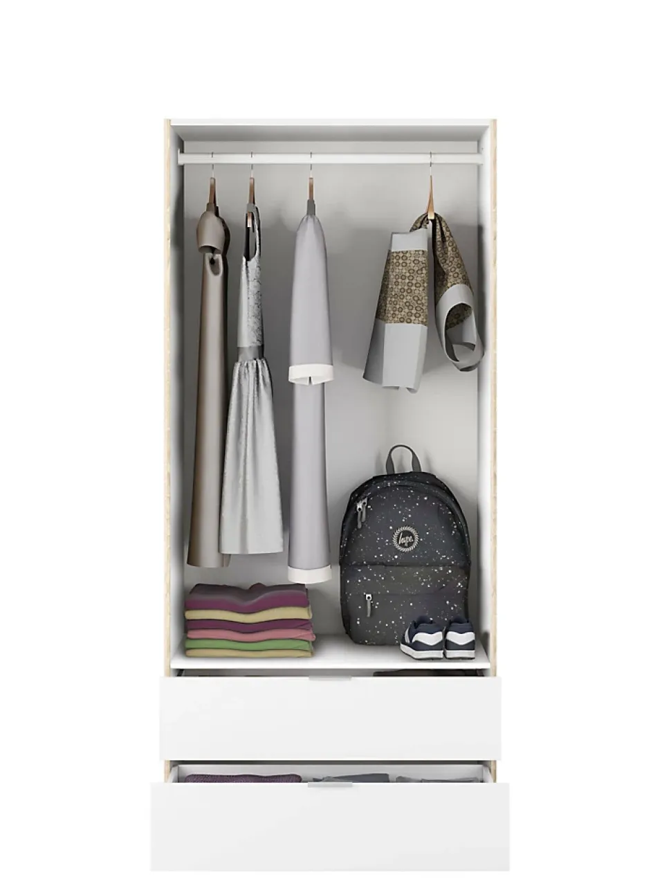 Armoire Burbank, Armoire de chambre avec 2 portes et 2 tiroirs, Armoire avec tringle à vêtements, 82x52h180 cm, Blanc et Chêne