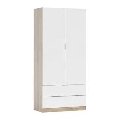 Armoire Burbank, Armoire de chambre avec 2 portes et 2 tiroirs, Armoire avec tringle à vêtements, 82x52h180 cm, Blanc et Chêne