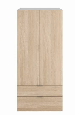 Armoire Burbank, armoire de chambre 2 portes 2 tiroirs, armoire de chambre avec barre de suspension, 81x52h180 cm, chêne