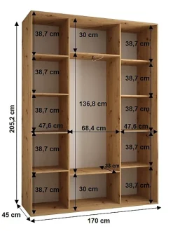 Armoire Cannes 1 à Portes Coulissantes 205,2/170/45 3 Portes (blanc,blanc.argent)