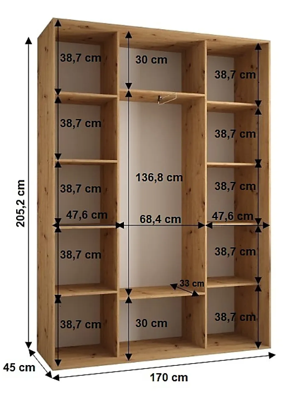 Armoire Cannes 1 à Portes Coulissantes 205,2/170/45 3 Portes (blanc,blanc.argent)