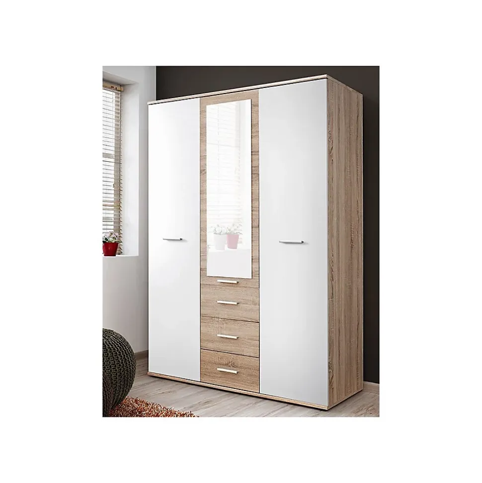 Armoire chambre denfant design coloris chene et blanc avec 3 portes battantes et 3 tiroirs collection DENVER.
