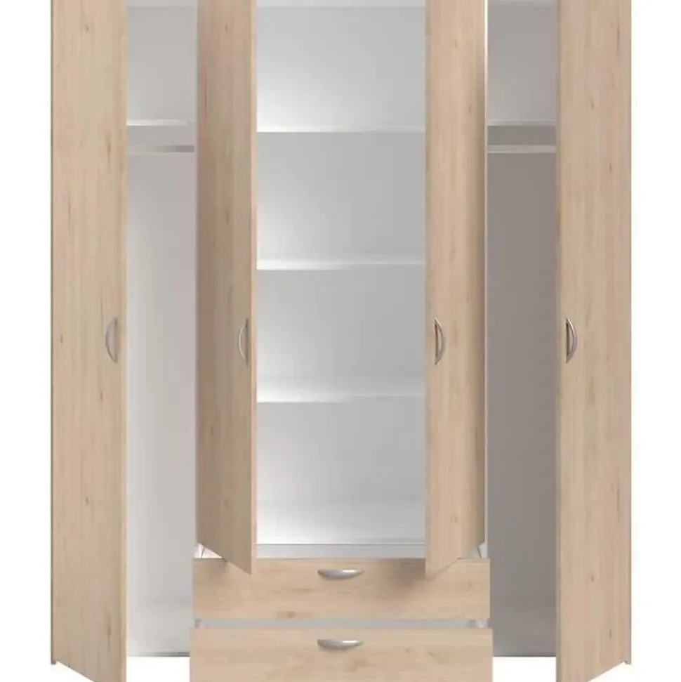 Armoire chambre VARIA - Panneaux de particules - Décor chene et blanc - 4 portes + 2 tiroirs - L 159,9 cm x P 51,3 cm x H 185 c