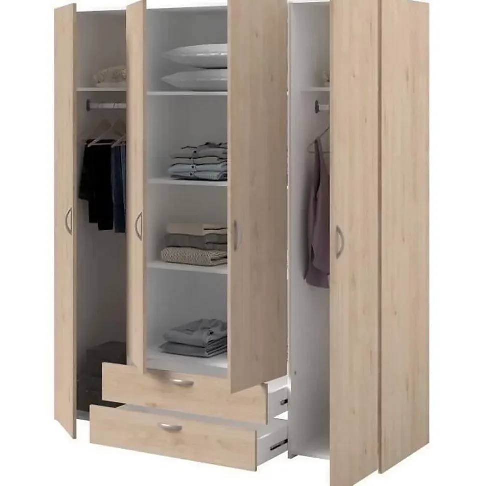 Armoire chambre VARIA - Panneaux de particules - Décor chene et blanc - 4 portes + 2 tiroirs - L 159,9 cm x P 51,3 cm x H 185 c