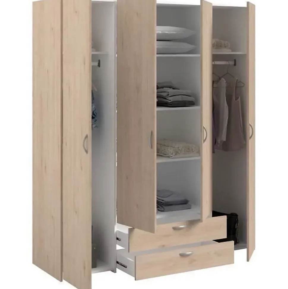 Armoire chambre VARIA - Panneaux de particules - Décor chene et blanc - 4 portes + 2 tiroirs - L 159,9 cm x P 51,3 cm x H 185 c