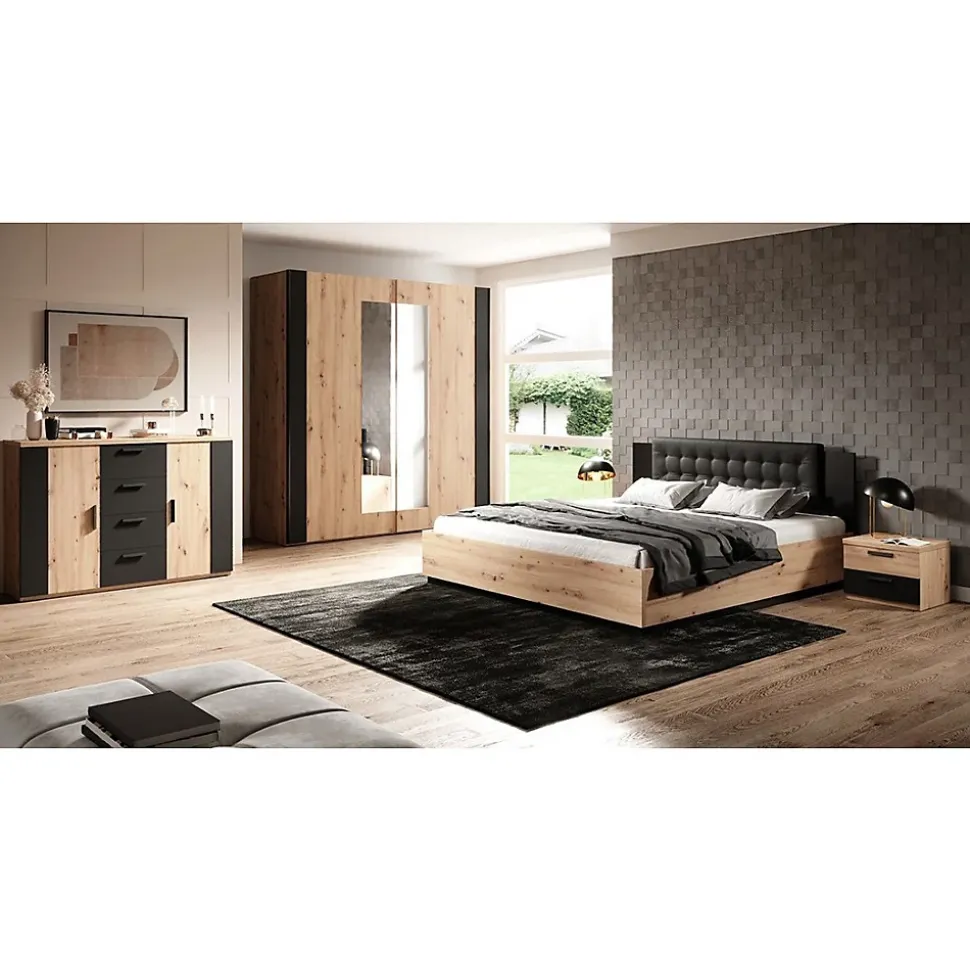 Armoire 200cm. 2 portes coulissantes avec miroirs couleur chene clair et noir. Collection FOX