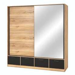 Armoire 200cm avec 2 portes coulissantes avec miroirs et 4 tiroirs couleur chene et noir. Collection EOS