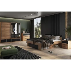 Armoire 200cm avec 2 portes coulissantes avec miroirs et 4 tiroirs couleur chene et noir. Collection EOS