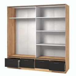 Armoire 200cm avec 2 portes coulissantes avec miroirs et 4 tiroirs couleur chene et noir. Collection EOS
