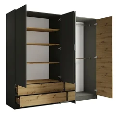 Armoire 220cm avec 4 portes et 2 tiroirs coloris gris graphite et chene. Collection IZO