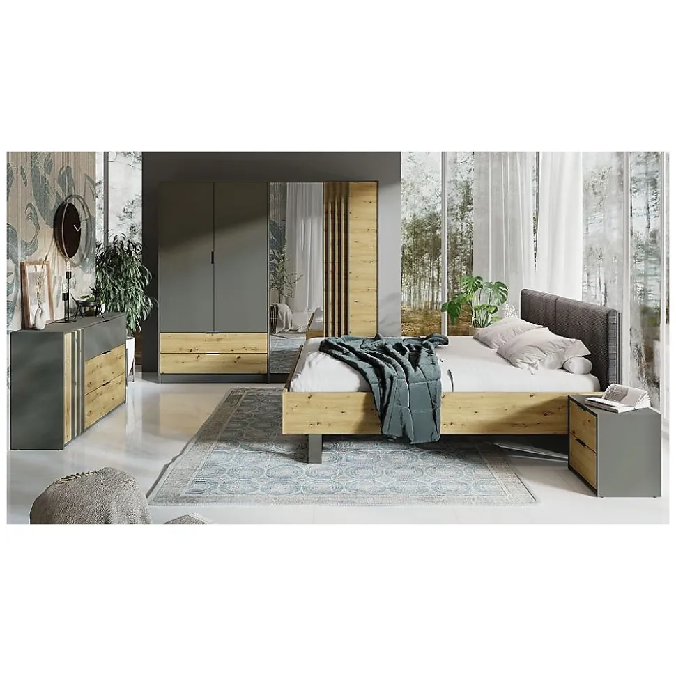 Armoire 220cm avec 4 portes et 2 tiroirs coloris gris graphite et chene. Collection IZO