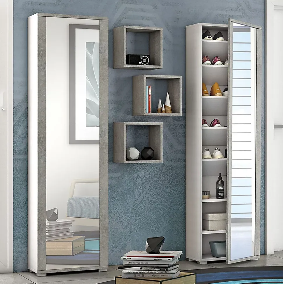 Armoire Colonne Multifonctionnelle À Une Porte Avec Cadre Effet Béton Et Miroir