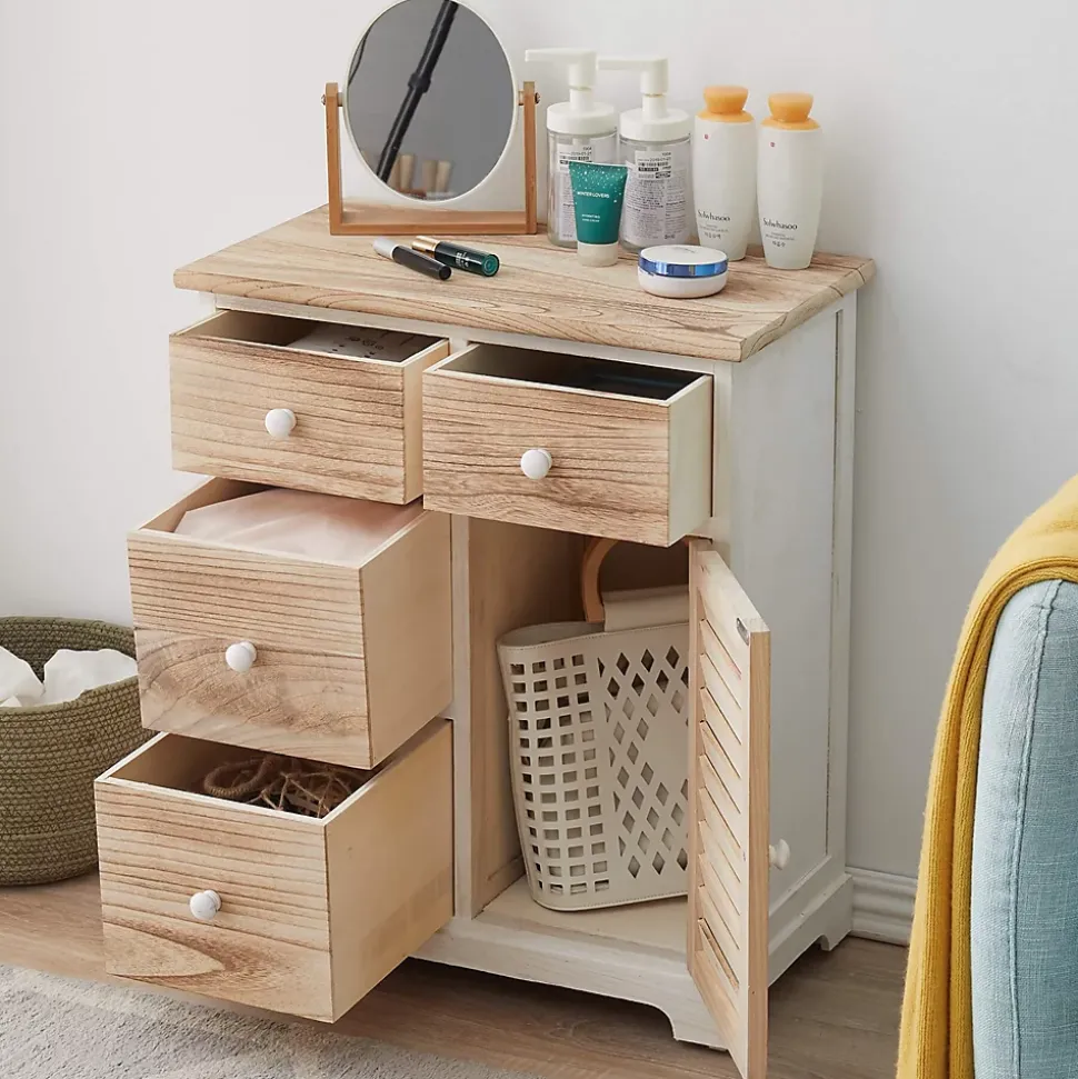 Armoire Commode Blanc Marron 4 Tiroirs 1 Porte Bois 70x60x30