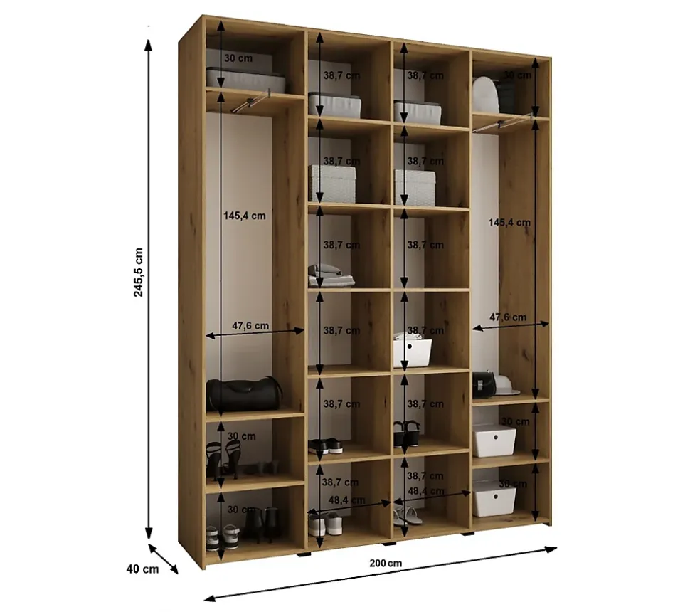 Armoire Como 3 a portes battantes H. 245 x L. 200 x P. 40, 4 portes