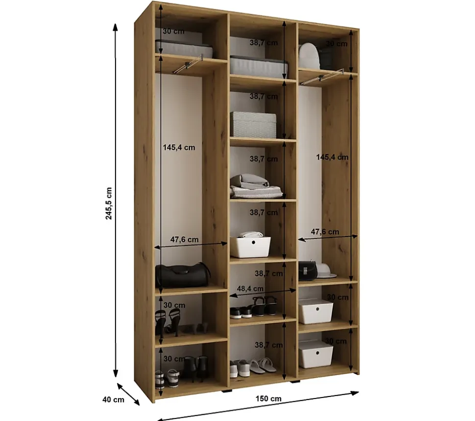 Armoire Como 4 a portes battantes H. 245 x L. 150 x P. 40, 3 portes