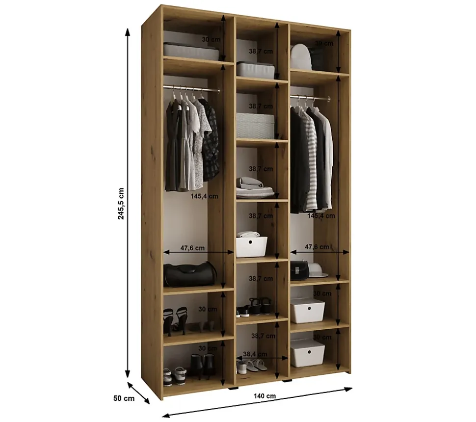 Armoire Como 4 a portes battantes H. 245 x L. 140 x P. 50, 3 portes