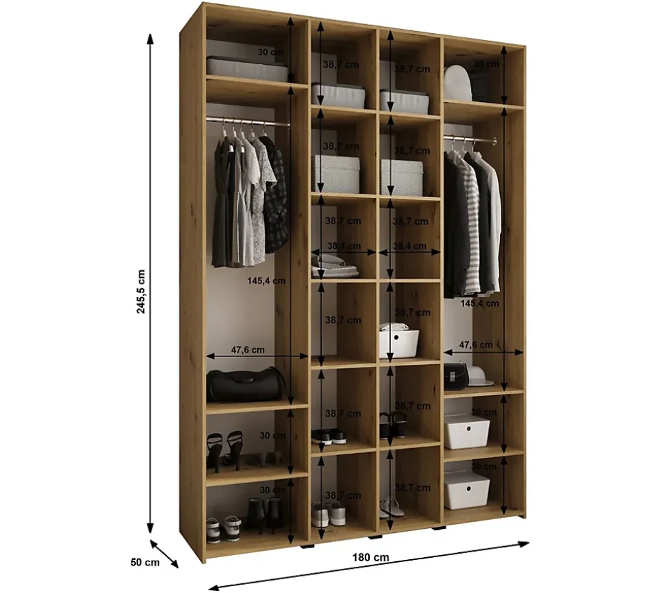 Armoire Como 3 a portes battantes H. 245 x L. 180 x P. 50, 4 portes