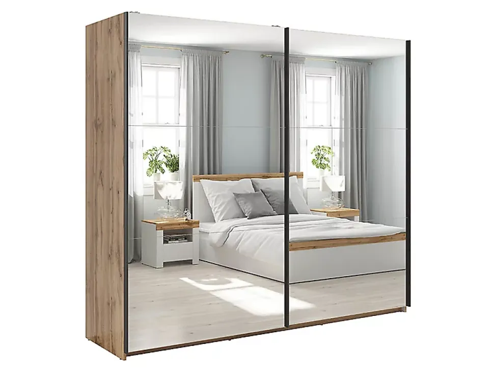 Armoire coulissante avec miroir coloris chêne Sonoma - Longueur 220 x Profondeur 60 x Hauteur 195,5 cm