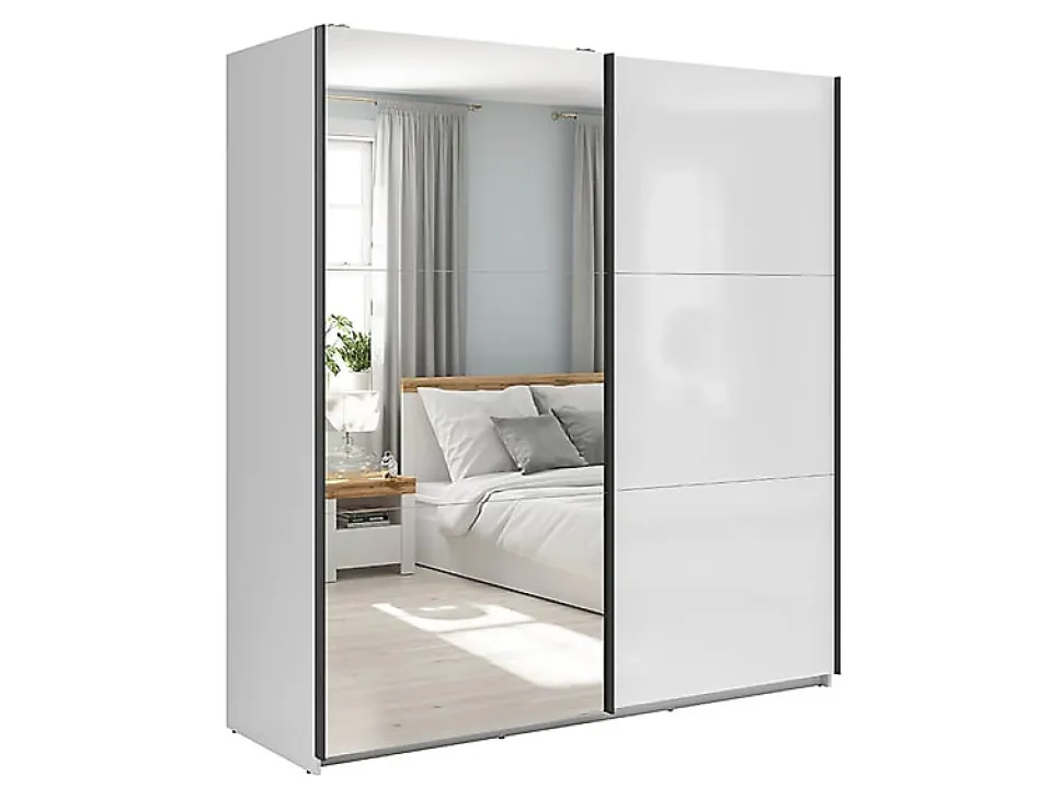 Armoire coulissante avec miroir coloris Blanc brillant - Longueur 183 x Profondeur 60 x Hauteur 195,5 cm