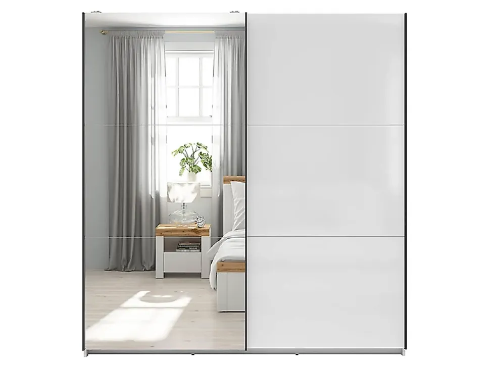 Armoire coulissante avec miroir coloris Blanc brillant - Longueur 183 x Profondeur 60 x Hauteur 195,5 cm