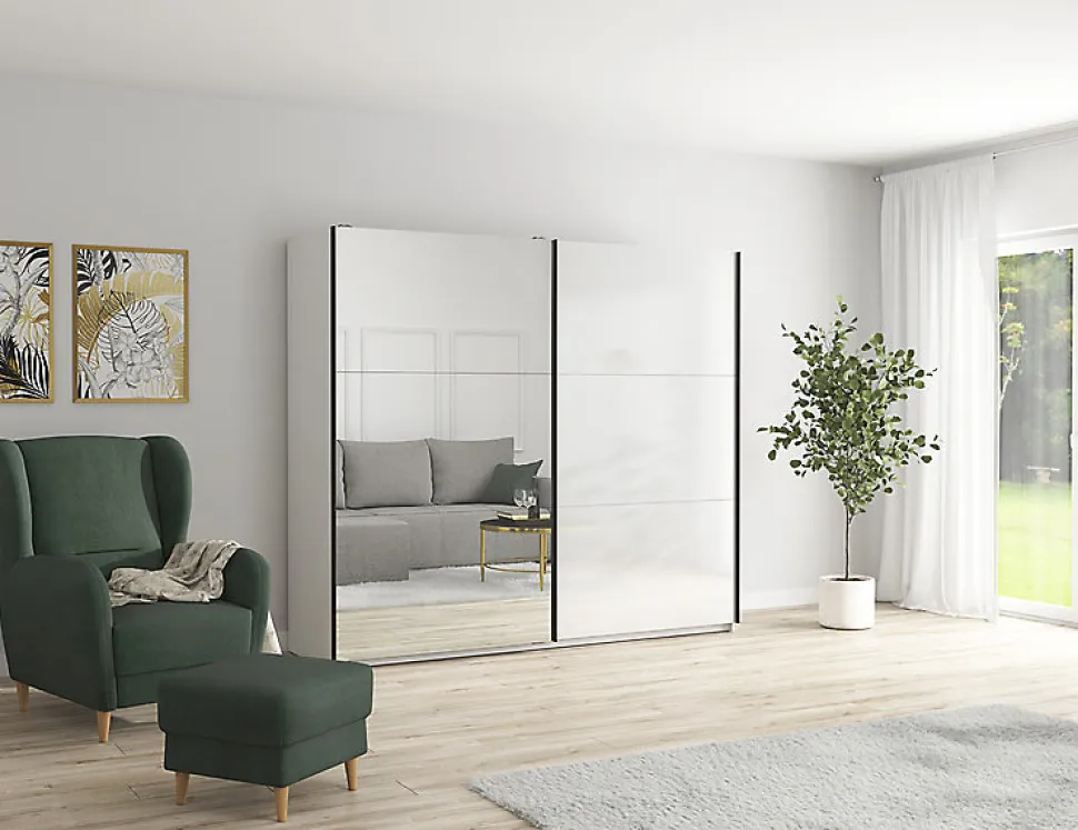 Armoire coulissante avec miroir coloris Blanc brillant - Longueur 183 x Profondeur 60 x Hauteur 195,5 cm