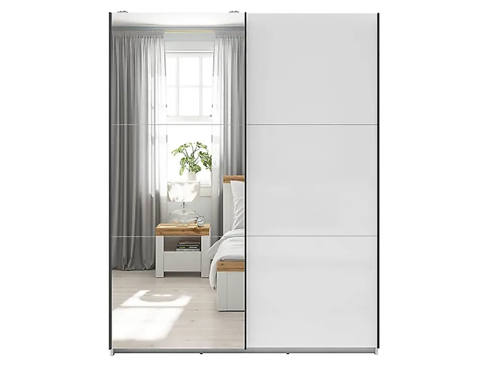 Armoire coulissante avec miroir coloris Blanc brillant - Longueur 153,5 x Profondeur 60 x Hauteur 195,5 cm