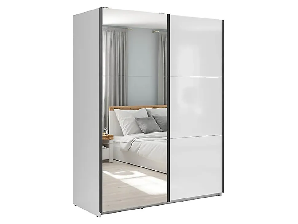 Armoire coulissante avec miroir coloris Blanc brillant - Longueur 153,5 x Profondeur 60 x Hauteur 195,5 cm
