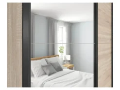 Armoire coulissante avec miroir coloris chêne Sonoma - Longueur 153,5 x Profondeur 60 x Hauteur 195,5 cm